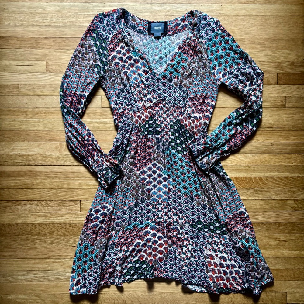 Anthropologie Maeve Monaco Empire Fan Print Peacock Dress M Boho Aztec Artsy